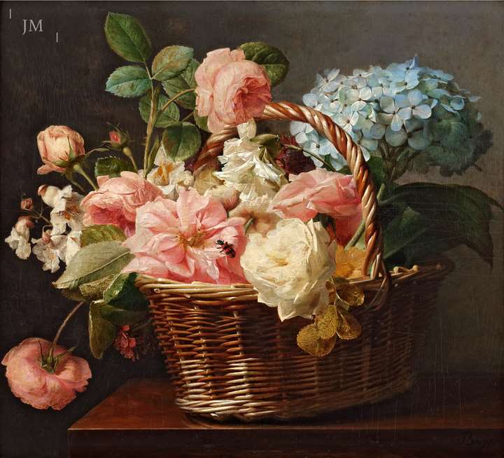 A Basket of Roses and a Hydrangea on a Marble Ledge with a chequered Beetle
